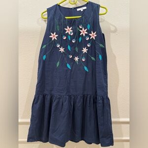Jaspal M navy sleeveless dress with embroidered florals drop waist ruffled hem
